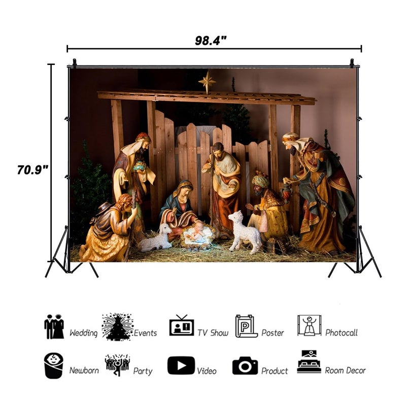 AOFOTO 8x6ft Barn Interior Manger Scene Backdrop Christ Child Birth of Jesus Nativity Shepherd Photography Background Lamb Horse Stable Farmhouse Pray Bible Baptism Church Concert Photos Studio Props - Image 3